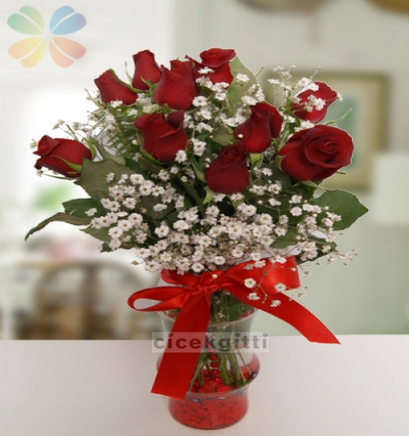 aşık ve zarif kırmızı güller Çiçeği & Ürünü CAM VAZODA 11 GÜL  