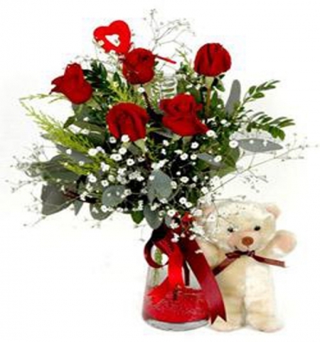 aşık ve zarif kırmızı güller Çiçeği & Ürünü mutlu ayıcık 
